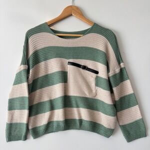 Striped Knit‎ Sweater Women's Green Beige Pocket Detail Pullover Casual